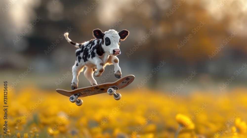 Poster a toy cow is riding a skateboard in a field of daffodils with a blurry background.
