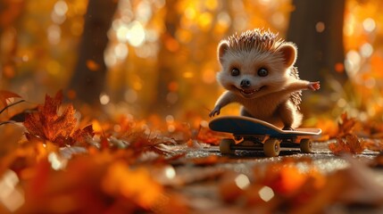 Obraz na płótnie Canvas a hedgehog is riding on a skateboard in a forest with autumn leaves on the ground and trees in the background.