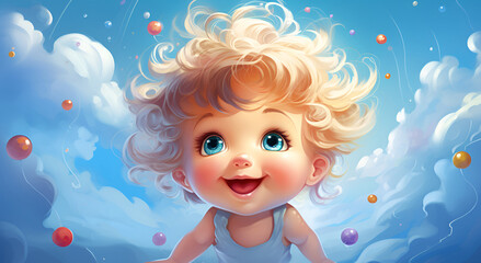 Fototapeta premium Joyful beautiful baby with big eyes drawn in cartoon style on a bright festive background with balloons