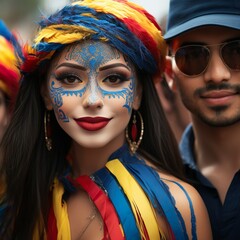 Fototapeta premium Group of people in national colors of colombia red blue and yellow 