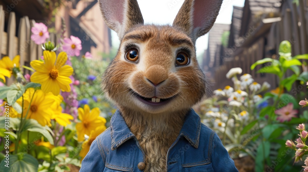 Poster a close up of a rabbit in a field of flowers with a fence in the background and flowers in the foreg