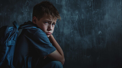 Upset boy with backpack sitting in dark room. Space for text