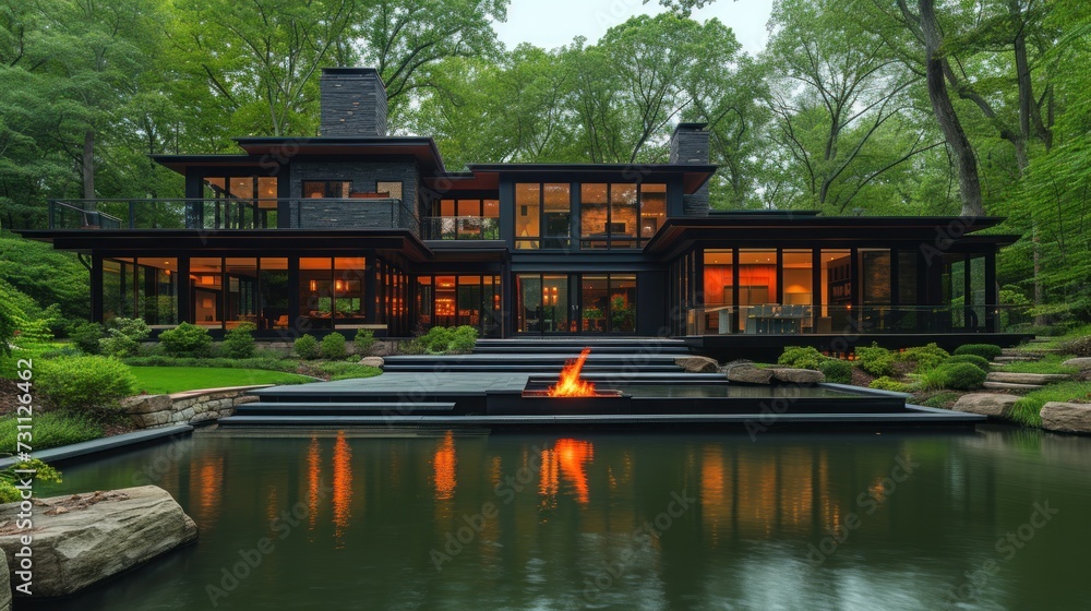 Poster a large house with a fire pit in the middle of the front yard and a pond in front of it.