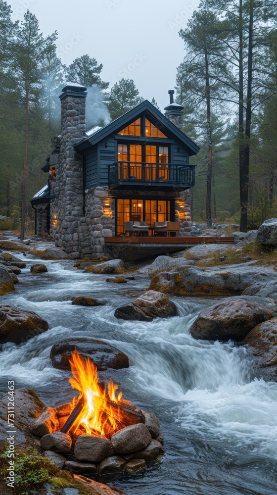 Poster a log cabin with a fire in the foreground and a stream running through the foreground in front of it