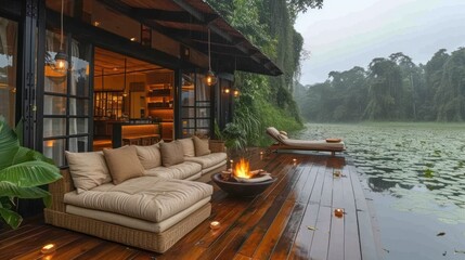 a couch sitting on top of a wooden deck next to a body of water with a fire in the middle of it.
