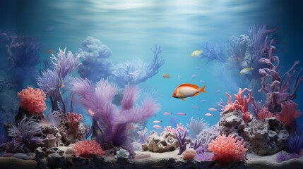 Create an underwater scene with fish and coral, where the coral formations resemble musical instruments.