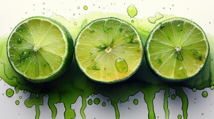a group of limes sitting on top of a white surface covered in green splatkles of paint.