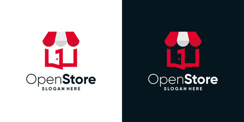 Open store logo design template. Store logo with the door open graphic design vector. Symbol, icon, creative.