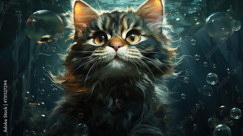 Poster a close up of a cat with bubbles on it's face and a fish in the water behind it.