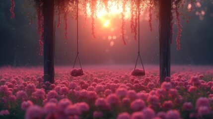 a field full of pink flowers with a swing in the middle of the field with the sun in the background.