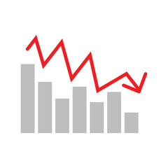 Obraz premium Chart with red down arrow isolated on white artboard. Falling growth in business.