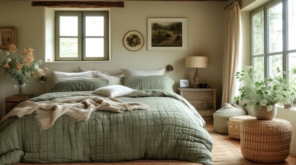 a bed room with a neatly made bed next to a window and a potted plant on the side of the bed.