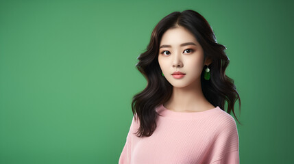 portrait of a young woman in the pink sweater and green earrings on the green background
