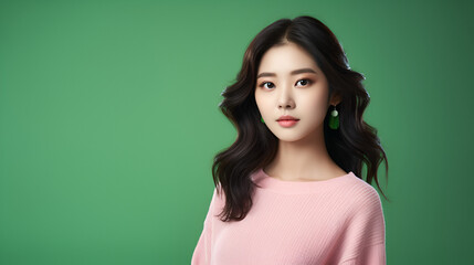 portrait of a young woman in the pink sweater and green earrings on the green background - obrazy, fototapety, plakaty