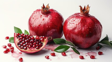 a couple of pomegranates sitting next to each other on top of a leafy green branch.