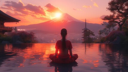 a woman sitting on the edge of a body of water in front of a mountain with a sunset in the background.