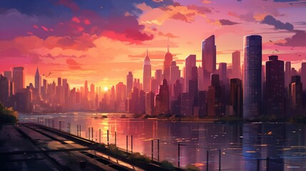 Create a personalized calendar for June with a vibrant cityscape at sunset, capturing the city lights.