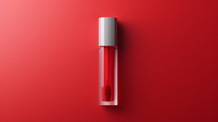 a blank gray lip plumper gloss tube on a light red background, with a sponge applicator and a gloss effect. 