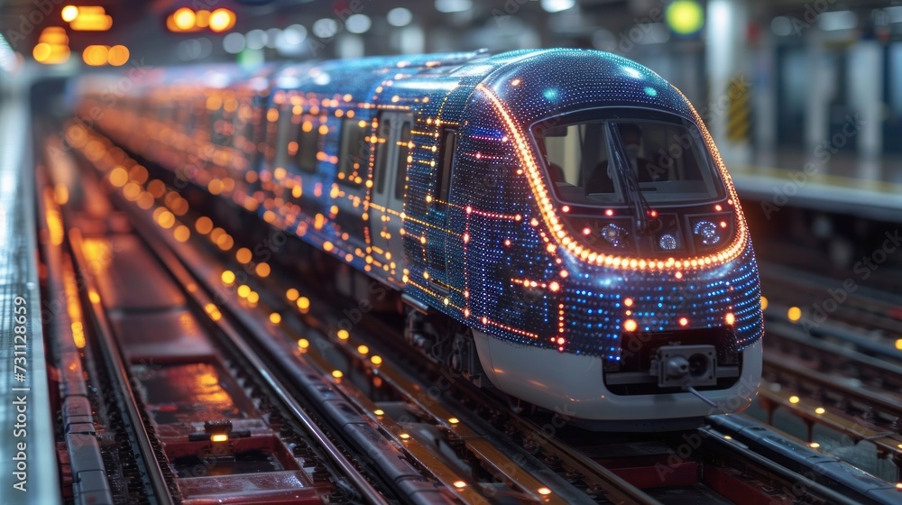 Poster a close up of a train on a train track with lights on the side of the train and a building in the ba
