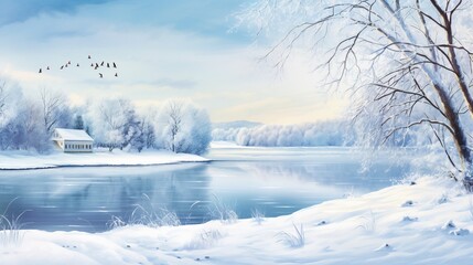 Design a calendar page for December with a winter wonderland scene of snow-covered trees and a frozen lake. - obrazy, fototapety, plakaty