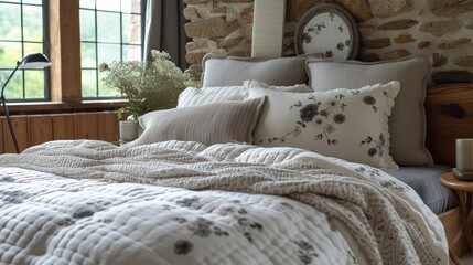 a bedroom with a stone wall and a bed with a white comforter and pillows with black flowers on it.