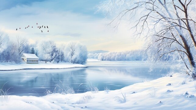 Design a calendar page for December with a winter wonderland scene of snow-covered trees and a frozen lake.