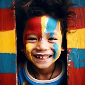 Happy kid closeup playing with national colors of colombia  