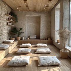 A room for yoga with the concept of a natural environment to create calm concentration, physical and mental healing, overcoming stress, both the heart and lungs and for pregnant women. Generative Ai