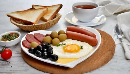 Fototapeta na wymiar breakfast table with cheese, olives, salami, fried sausages, eggs in heart shaped white plate with toast bread and a cup of tea