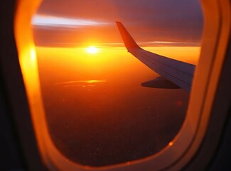 Sunset Skyline View From Airplane Window. Closeup.