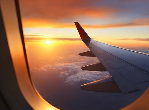 Sunset Skyline View From Airplane Window. Closeup.