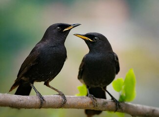 Black birds on a branch macro photography