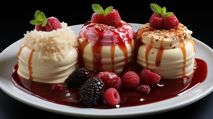 three desserts on a white plate with raspberries and a chocolate sauce drizzled over them.