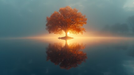 a lone tree in the middle of a body of water with the sun shining through the fog in the background.