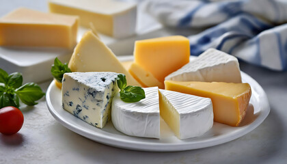 Mixed cheese plate; cheddar, feta, brie, blue cheese, camembert, gouda, mozzarella, cottage