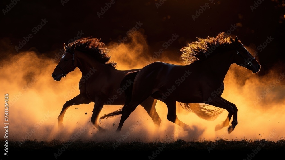 Poster a couple of horses running through a field of grass with a lot of dust in the air in front of them.