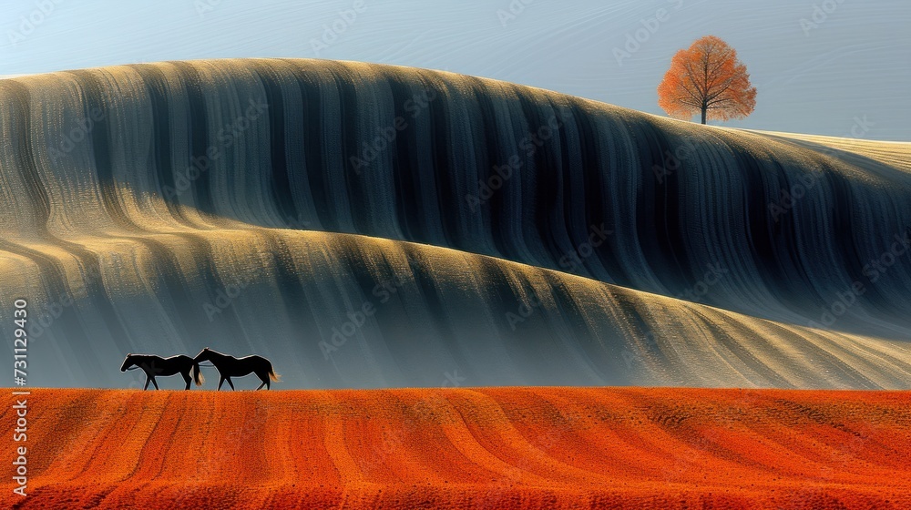 Poster a painting of three horses standing in the middle of a field with a tree on top of a hill in the bac