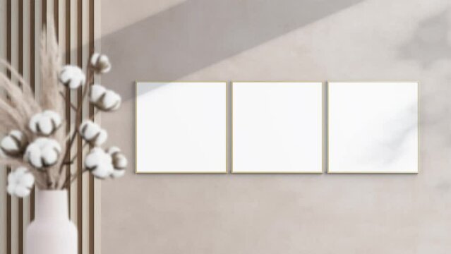 Three Square Wooden Frames Video Mockup in home interior, Shadow Motion Mockup