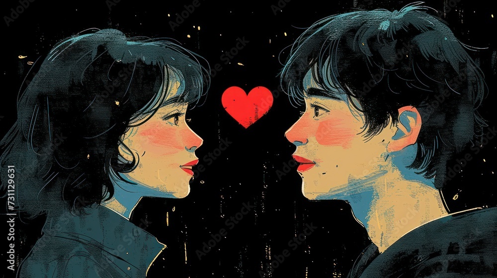 Poster a drawing of two people facing each other with a red heart in the middle of the image on a black bac