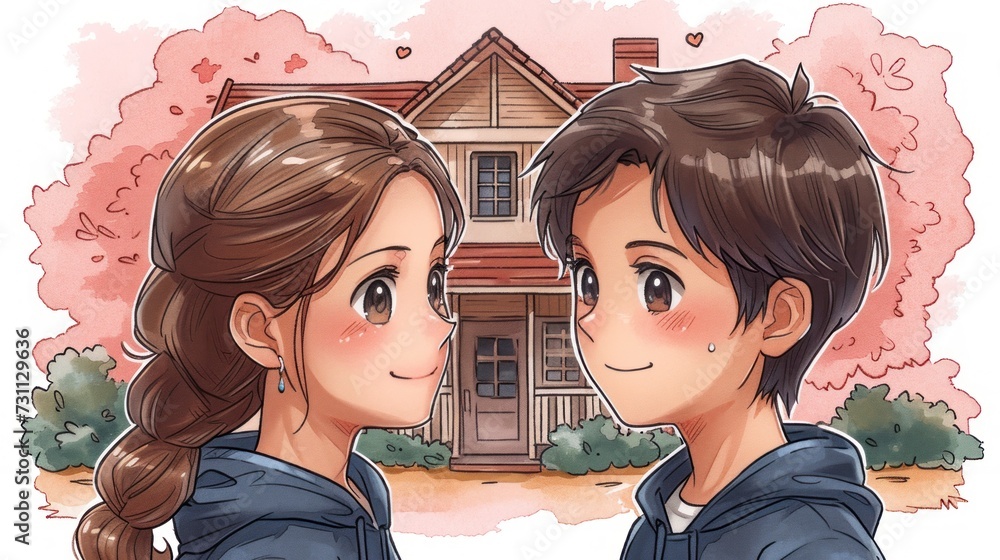 Poster a drawing of two people facing each other in front of a house with trees and bushes in front of them