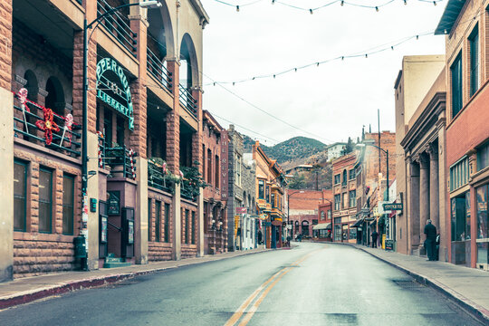 Bisbee, Arizona - December 20, 2023: Downtown Bisbee located in the Mule Mountains,  is a former mining town is a popular tourist destination
