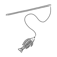 BLACK AND WHITE VECTOR DRAWING OF A TOY IN THE FORM OF A FISH ON A FISHING ROD FOR PETS