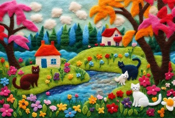  view of a meadow with cats playing in front of the house  Among the flowers and trees, felt art