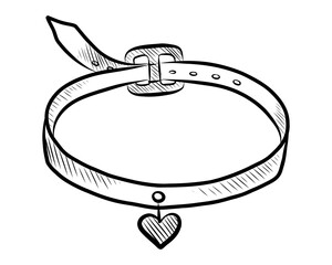 BLACK AND WHITE VECTOR DRAWING OF A COLLAR WITH A HEART FOR PETS
