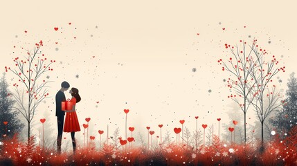 a painting of a man and a woman standing in a field of red flowers with trees and hearts in the background.