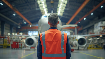 A man wearing a safety vest tours an aircraft factory. View from behind.