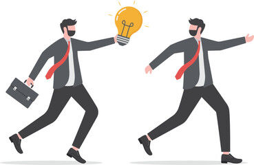 Businessman passing the idea to another person, worker passing a job, task, and idea to another to continue working on it

