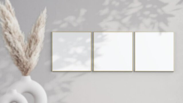 Three Square Wooden Frames Video Mockup in home interior, Shadow Motion Mockup