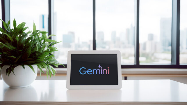 Tablet running Gemini application, placed on the desk of a modern bright office
