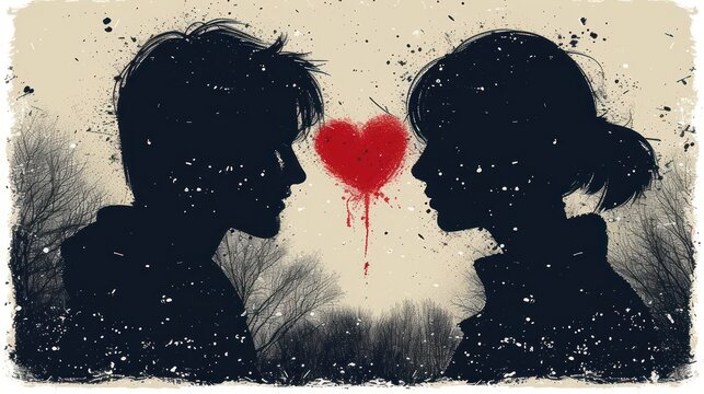 A Painting Of Two People Facing Each Other With A Red Heart In The Middle Of The Image On A White Background.